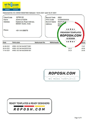 India UCO bank statement template in Word and PDF format