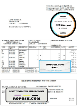 USA Louisiana St. John the Baptist Parish water bill in Word and PDF format