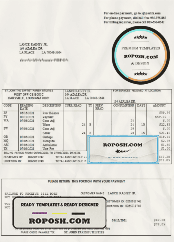 USA Louisiana St. John the Baptist Parish water bill in Word and PDF format