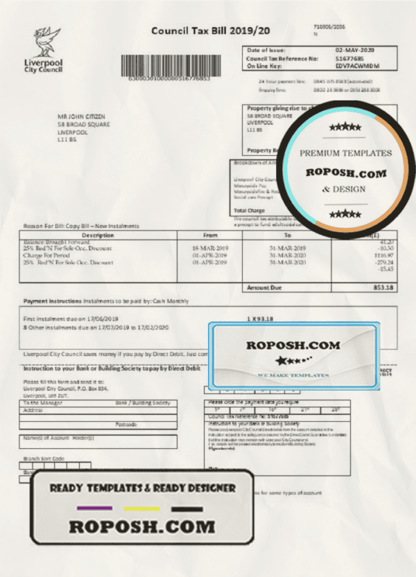 United Kingdom Liverpool City Council tax bill template in Word format
