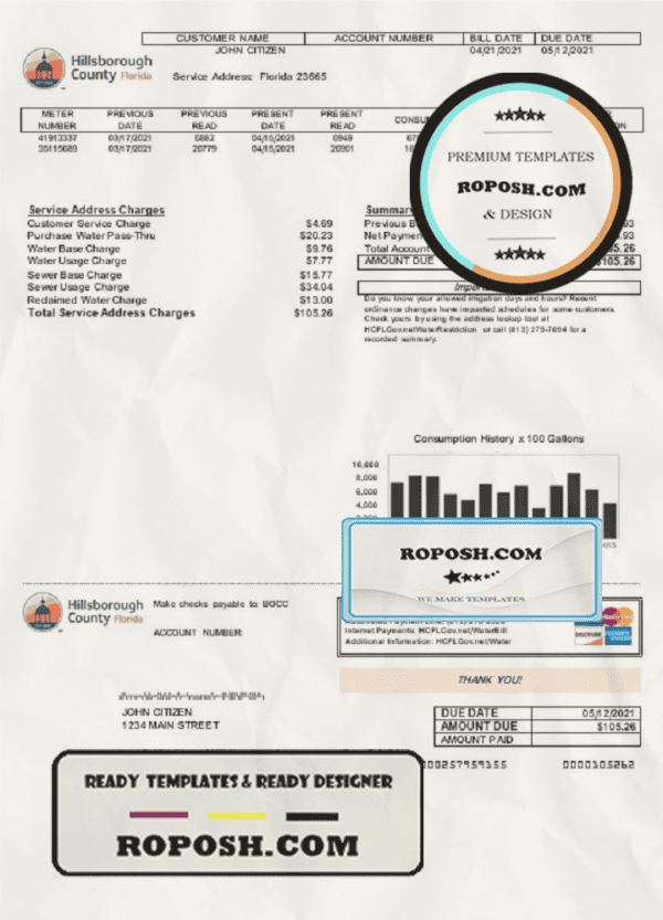 USA Hillsborough County utility bill template in Word and PDF format