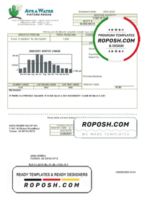 USA Arizona Avra Water utility bill template in Word and PDF format