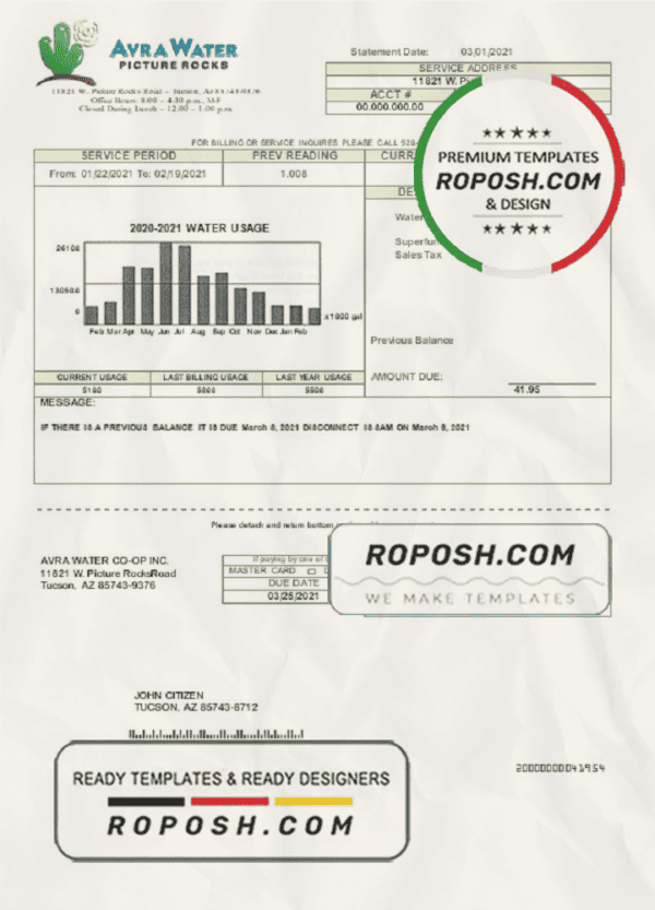 USA Arizona Avra Water utility bill template in Word and PDF format