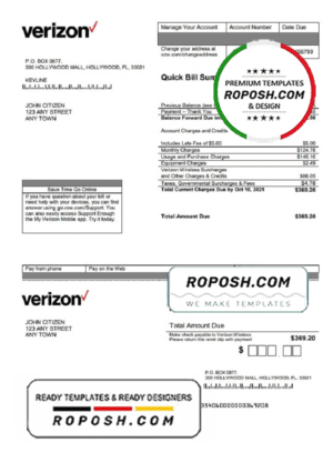 USA Verizon utility bill template in Word format, fully editable, version 2