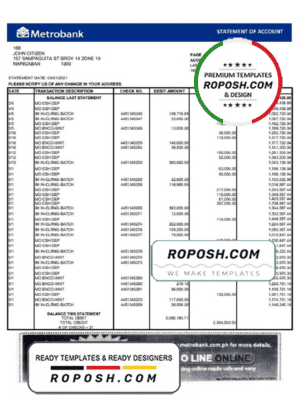 United Kingdom Metrobank bank statement template in Excel and PDF format