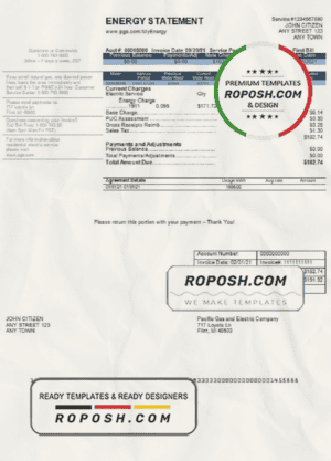 USA California PG&E (Pacific Gas and Electric Company) utility bill template in Word and PDF format, version 2