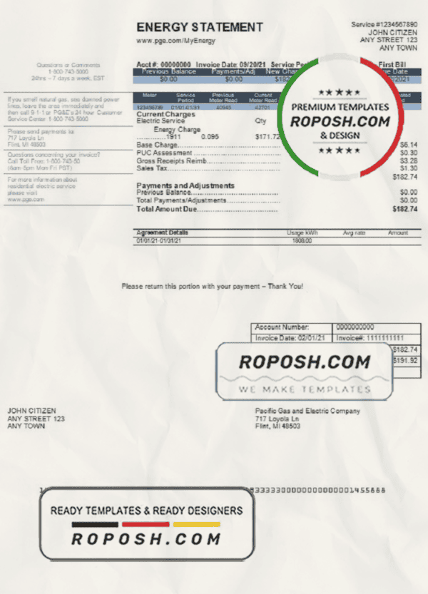USA California PG&E (Pacific Gas and Electric Company) utility bill template in Word and PDF format, version 2