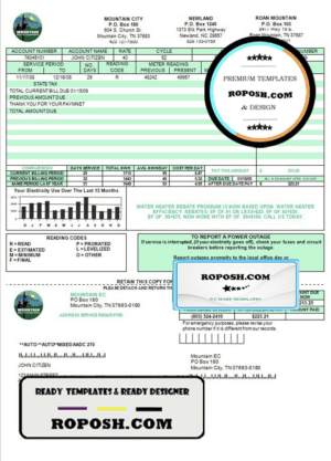 USA Tennessee Mountain Electric Cooperative, Inc. (MEC) utility bill template in Word and PDF format