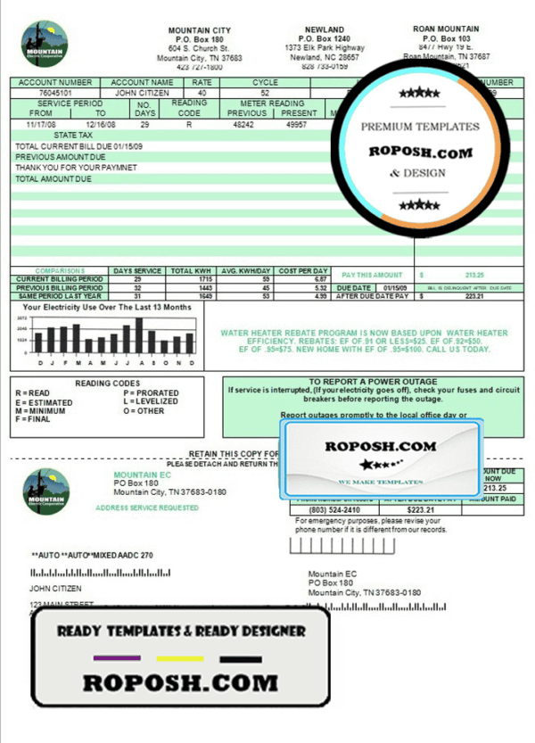 USA Tennessee Mountain Electric Cooperative, Inc. (MEC) utility bill template in Word and PDF format