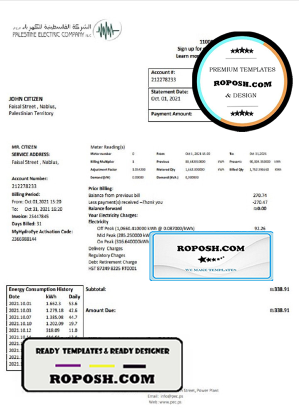 Palestine Electric Company (PEC) utility bill template in Word and PDF format
