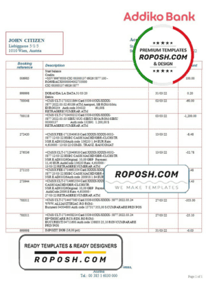 Austria Addiko bank statement template in Word and PDF format