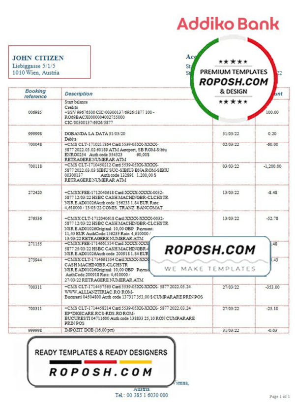 Austria Addiko bank statement template in Word and PDF format