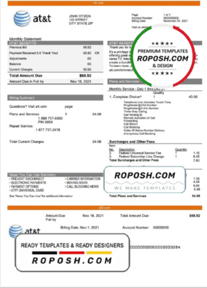 USA Texas AT&T telecommunications utility bill template in Word and PDF format