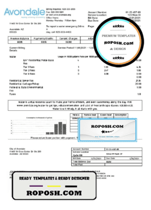 USA Arizona The City of Avondale Water utility bill template in Word and PDF format