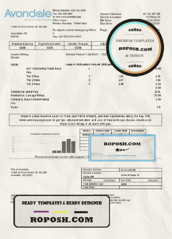 USA Arizona The City of Avondale Water utility bill template in Word and PDF format