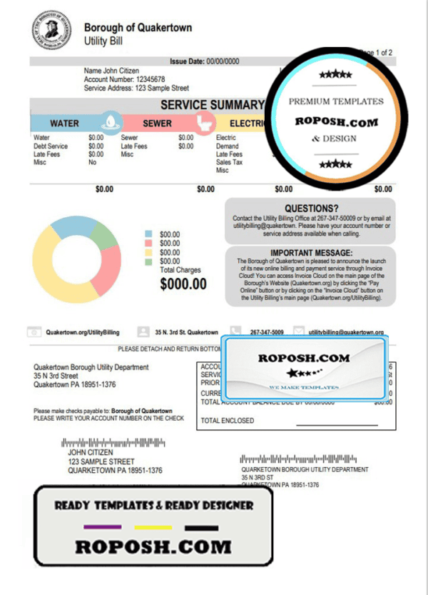 USA Pennsylvania Quakertown Borough utility bill template in Word and PDF format