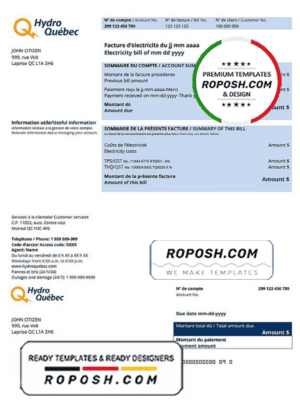 Canada Hydro-Québec utility bill template in .doc and .pdf format