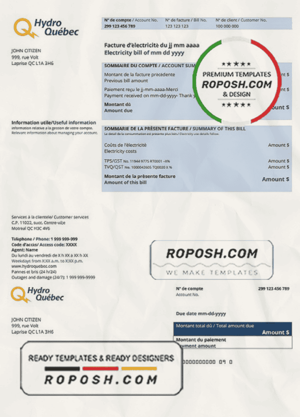 Canada Hydro-Québec utility bill template in .doc and .pdf format