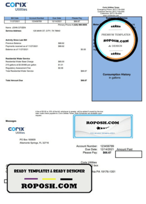 USA Corix Utilities bill template in Word and PDF format