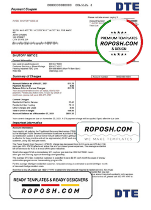 USA Michigan DTE Energy utility bill template in Word and PDF format