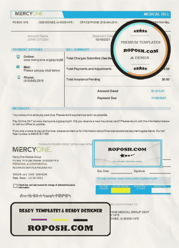 USA Iowa MercyOne medical bill template in Word and PDF format