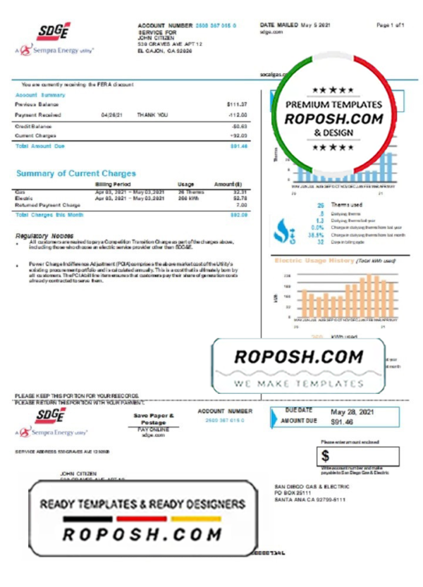 USA California San Diego Gas & Electric (SDG&E) utility bill template in Word and PDF format