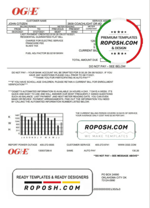 USA Oklahoma OGE Energy utility bill template in Word and PDF