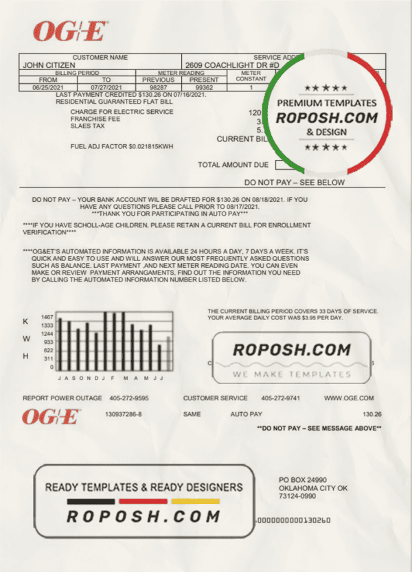 USA Oklahoma OGE Energy utility bill template in Word and PDF