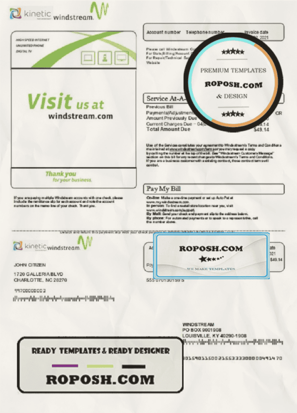 USA Windstream Holdings, Inc. utility bill template in Word and PDF format