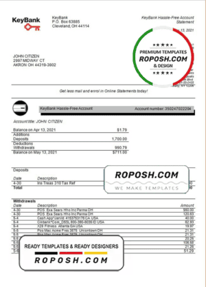 USA Ohio KeyBank bank statement template in Word and PDF format
