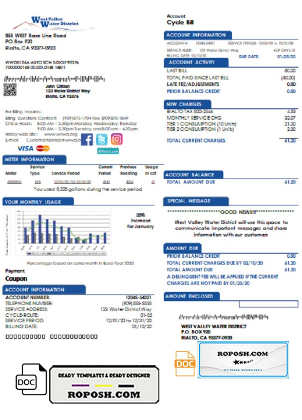 USA California West Valley Water District utility bill template in Word and PDF format