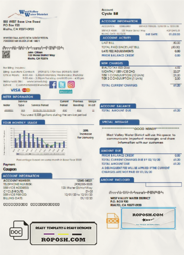 USA California West Valley Water District utility bill template in Word and PDF format scan effect
