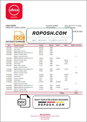 Zambia Absa bank statement template in Word and PDF format