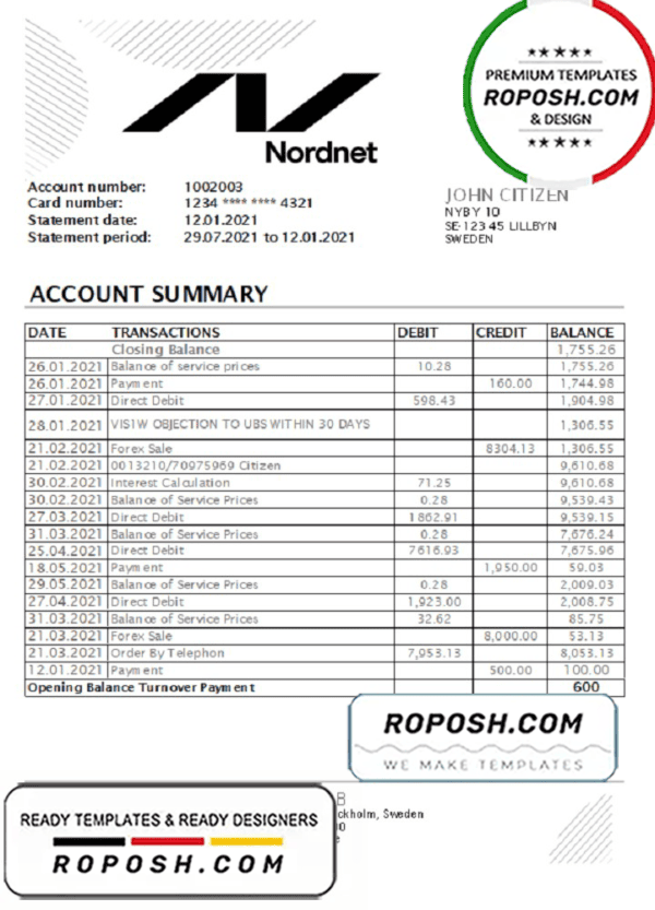 Sweden Nordnet AB bank statement easy to fill template in .xls and .pdf file format