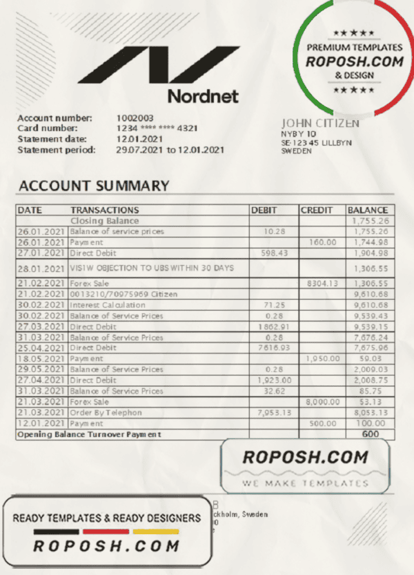 Sweden Nordnet AB bank statement easy to fill template in .xls and .pdf file format
