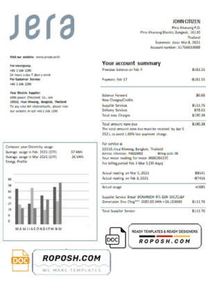 Thailand JERA power utility bill template in Word and PDF format