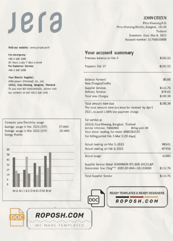 Thailand JERA power utility bill template in Word and PDF format