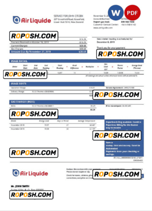 New Zealand Air Liquide gas utility bill template in Word and PDF format