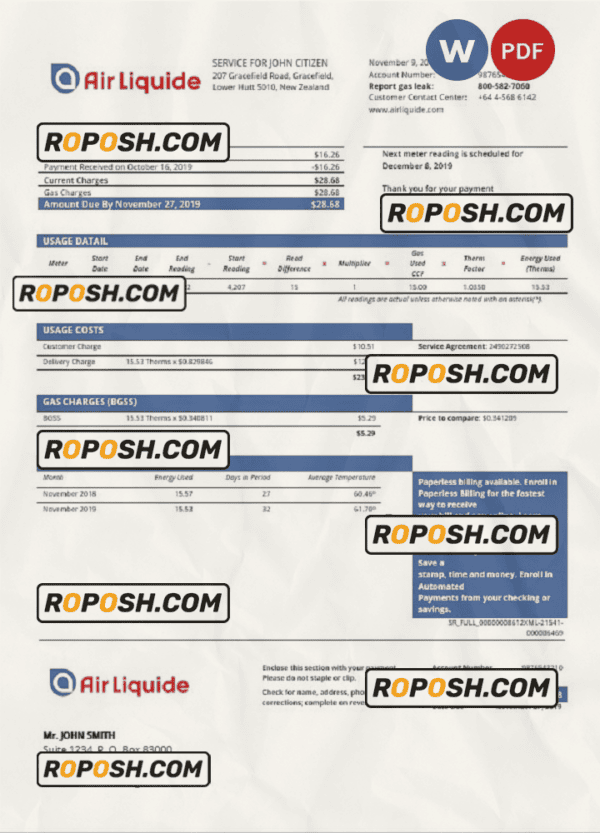 New Zealand Air Liquide gas utility bill template in Word and PDF format