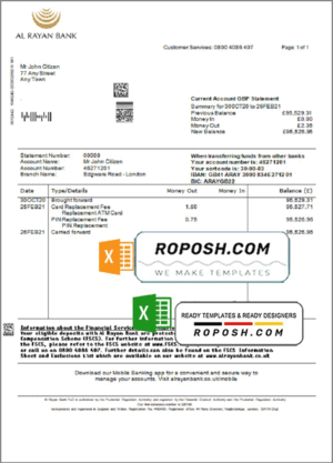 United Kingdom Al Rayan bank statement template in Excel and PDF format