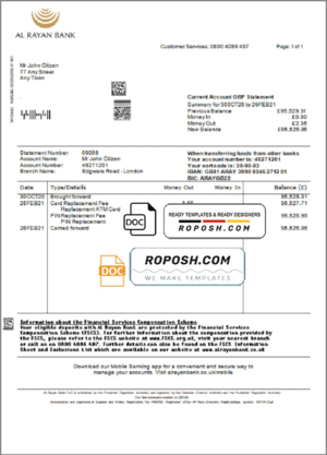 United Kingdom Al Rayan bank statement template in Word and PDF format