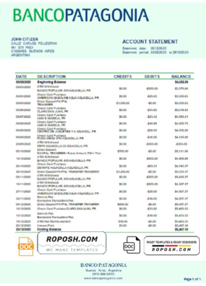 Argentina Banco Patagonia bank statement template in Word and PDF format