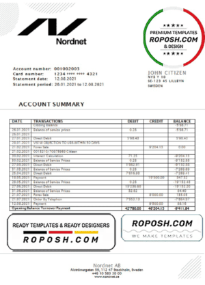 Sweden Nordnet AB bank statement easy to fill template in .doc and .pdf format, fully editable