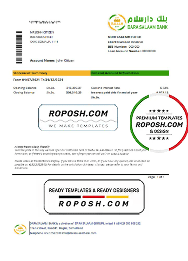 Somalia Dara Salaam Bank statement template in Excel and PDF format