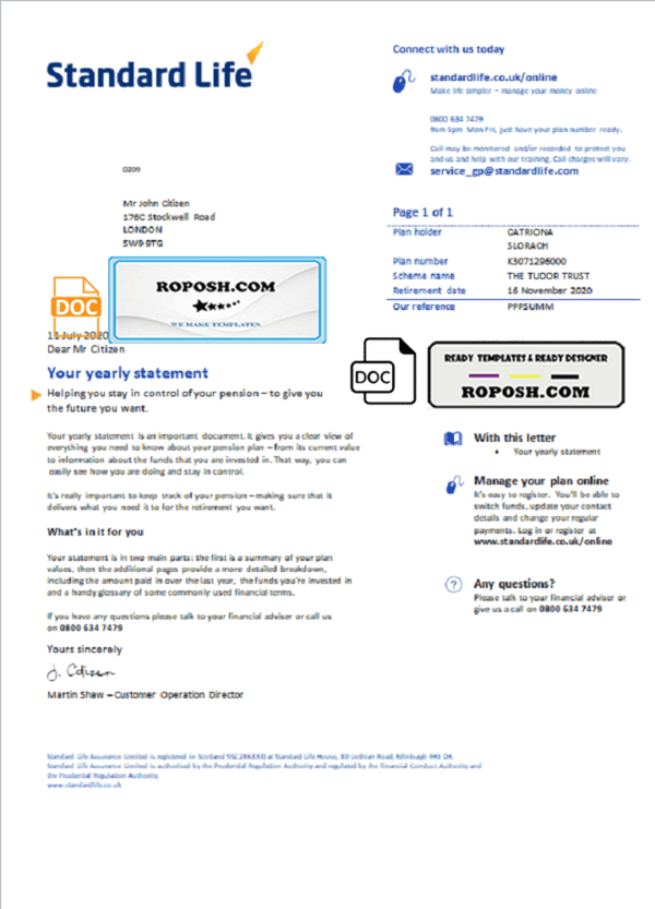 United Kingdom Standard Life utility bill template in Word and PDF format