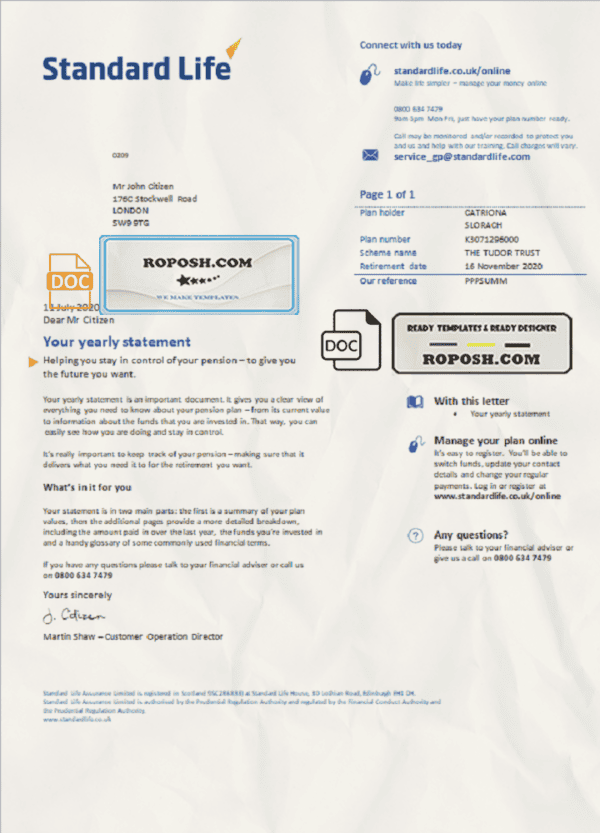 United Kingdom Standard Life utility bill template in Word and PDF format