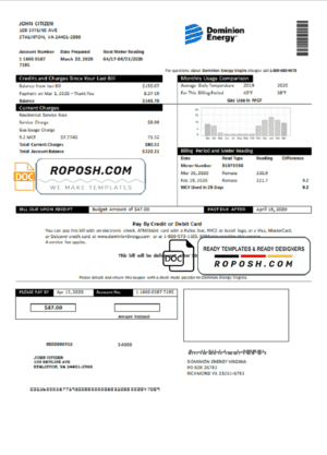 USA Dominion Energy utility bill template in Word and PDF format