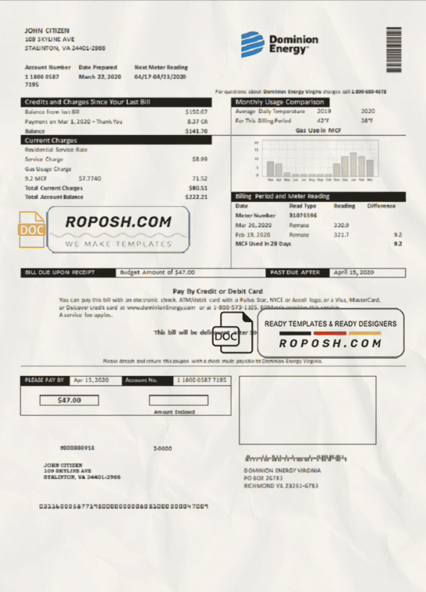 USA Dominion Energy utility bill template in Word and PDF format