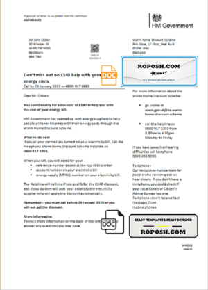 United Kingdom HM Government Warm Home Energy utility bill template in Word and PDF format