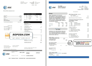 USA Texas AT&T telecommunications utility bill template in Word and PDF format (2 pages)